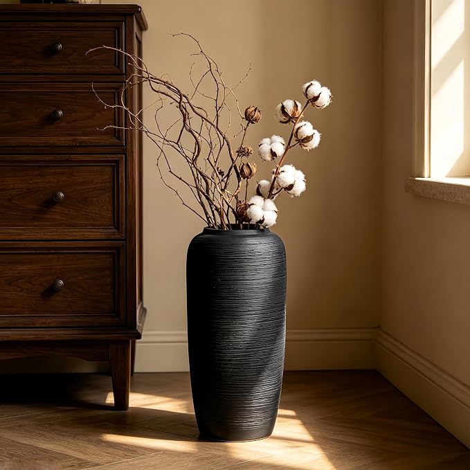Black Rustic Ceramic Farmhouse Tall Floor Vase,15.7 Inch Vintage Large Vases Pottery Clay Terracotta Rustic Vase for Home Decor Living Room Entryway Table Centerpieces,Kitchen,Housewarming Gifts