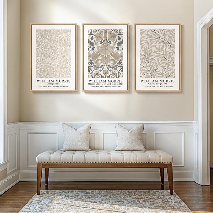 Framed Vintage William Morris Canvas Wall Art Set of 3, Large Neutral Floral Artwork Prints, Botanical Nature Aesthetic Wall Decor for Living Room, Bedroom, Hallway and Office, Total Size 30x60