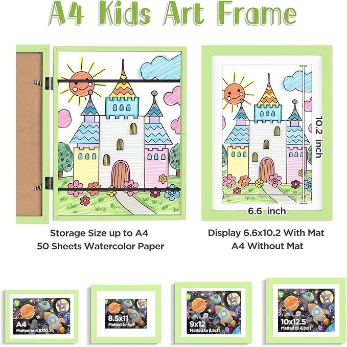 KINLINK A4 Kids Art Frame Set of 2, Solid Wood Kids Artwork Frames Changeable with Front Opening hold 150 Pictures, Art Frames for Kids Art with Mat,without Mat A4 Picture Frame Light Green