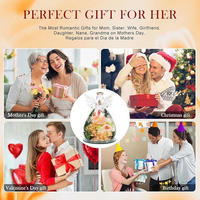 Gifts for Mom Mothers Day Birthday Gifts for Women Preserved Rose Forever Flower in Glass Angel Figurines Fresh Flowers for Delivery Anniversary Real Colorful Roses for Grandma Her Wife from Daughter