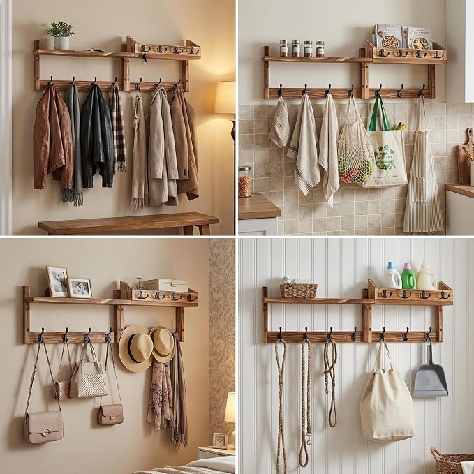29" Coat Rack Wall Mount with Shelf, 4 in 1 Wall Mounted Coat and Key Hanger with 11 Hooks, Entryway Key Holder with Mail Holder for Living Room, Bedroom