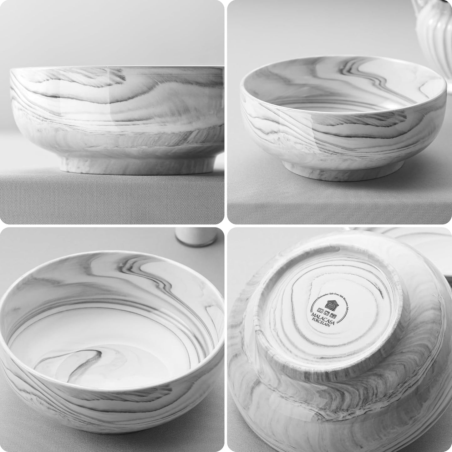 MALACASA Large Serving Bowls, 60 OZ (8'') Salad Bowls Set of 2, Ceramic Mixing Bowls for Kitchen, Serving Bowl for Soup, Pasta, Side Dishes and Entertaining, Marble Grey, Series REGULAR