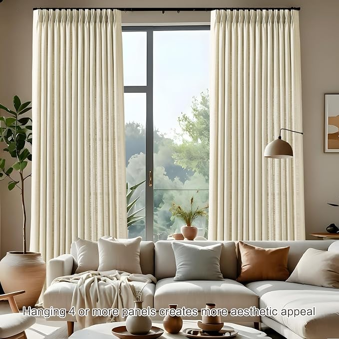 Linen Pinch Pleated Curtains 84 Inches Long for Living Room, Neutral Light Filtering Pleat Drapes Textured Thick Memory Trained Semi-Sheer Window Curtain with Hooks for Bedroom Farmhouse, 2 Panels