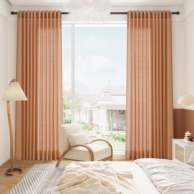 Peach Quartz Linen Curtains 102 Inch Length 2 Panels Back Tab Rod Pocket Semi Sheer Light Filtering Curtains Burlap High Window Living Room Neutral Farmhouse Decor for High Ceiling Spaces 52x102