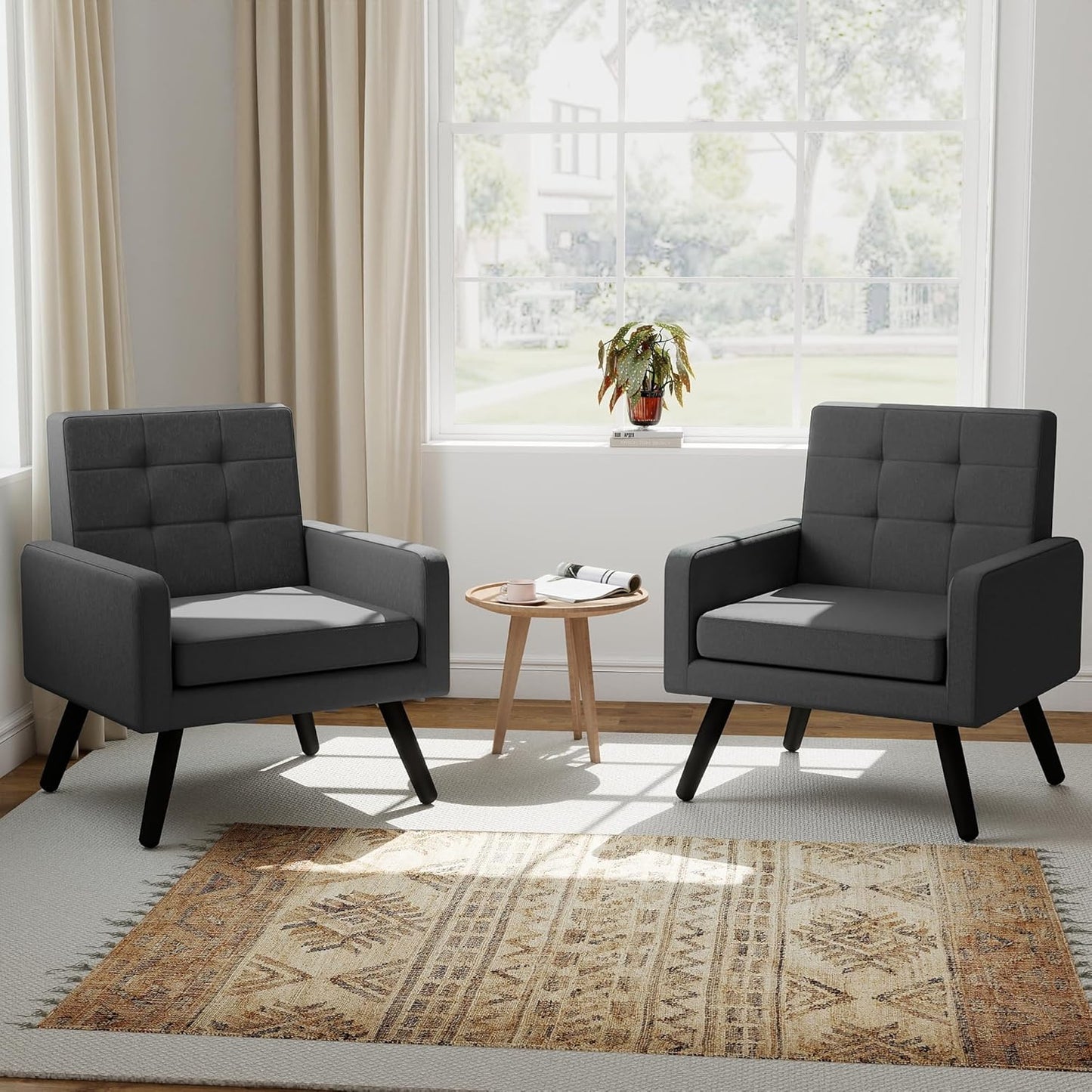 Kromax Mid-Century Modern Accent Chair Set of 2 for Living Room, 496 Lb. Weight Capacity, Dual Armrests, Comfy Extra Large Seat, Timeless Style Perfect for Reading & Relaxing, Dark Grey