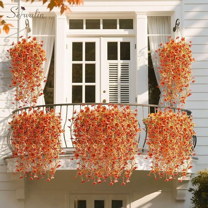 Serwalin 4PCS Artificial Mums for Outdoors, Realistic Silk Artificial Fall Flowers for Outside, Patio, Garden, Porch, Window(Fall Orange,4PCS