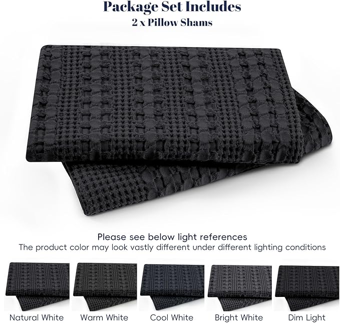 PHF 100% Cotton Waffle Pillow Shams Queen Size, 2 Pack 20" x 30" Soft Skin-Friendly Pillowcases, No Filling, Aesthetic Woven and Breathable Waffle Weave Pillow Case Covers for Bed, Black