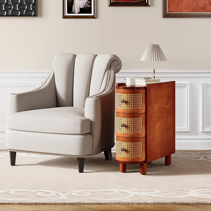 LITTLE TREE Solid Wood End Table Set of 2, Rattan Narrow Side Table with 3 Drawers, No Assembly Required, Nightstand Bedside Tables for Living Room, Bedroom, Office, Bathroom, Brown