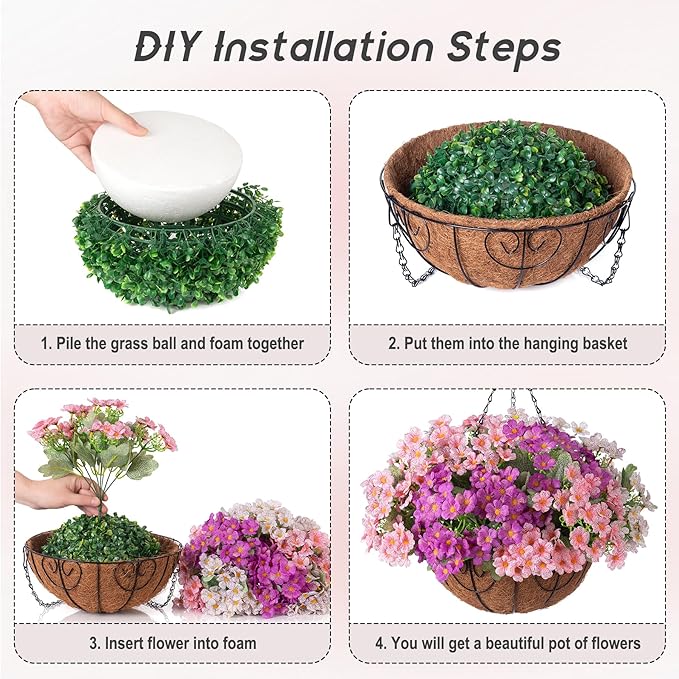 Artificial Fake Hanging Plants Flowers Basket for Spring Outdoor Decoration, Faux Silk Daisy UV Resistant Look Real with Eucalyptus Leaves Summer Decor for Patio Garden Outside(Pink White Purple )