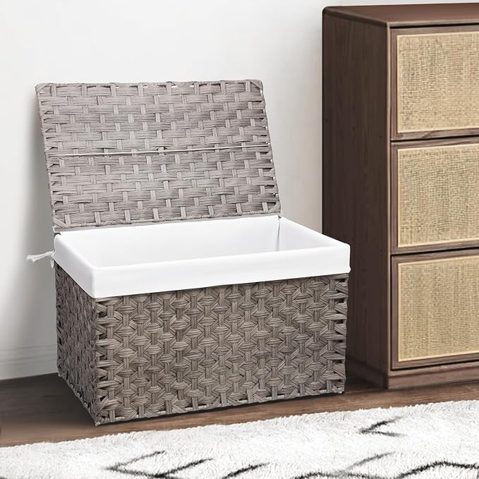 Wicker Storage Basket with Lid, 42.3 Gallon (160L) Large Blanket Basket with Lid, Woven Storage Bin with Handles, Removable Liner, Metal Frame, Foldable, for Bedroom, Laundry Room, Grey