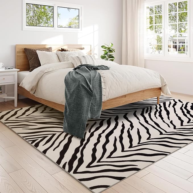 YIHOUSE Washable Area Rugs 5'x7', Black and Beige Modern Zebra Rug for Living Room, Bedroom, Ultra Thin Animal Stripe Print Rug for Girls Boys Nursery, Playroom, Dorm Room
