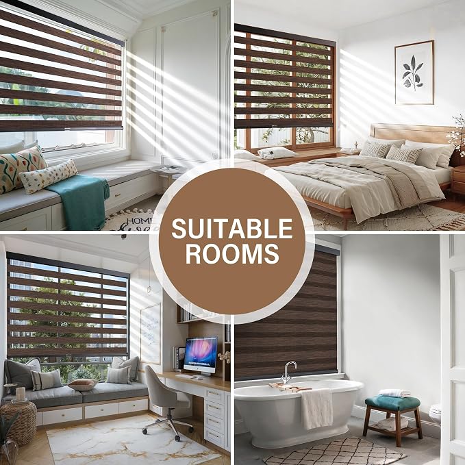 AOSKY Custom Cordless Zebra Blinds for Windows Pull Down Roller Window Shades Dual Layer Light Filtering Privacy for Day and Night, Free-Stop Door Shades for Home Brown