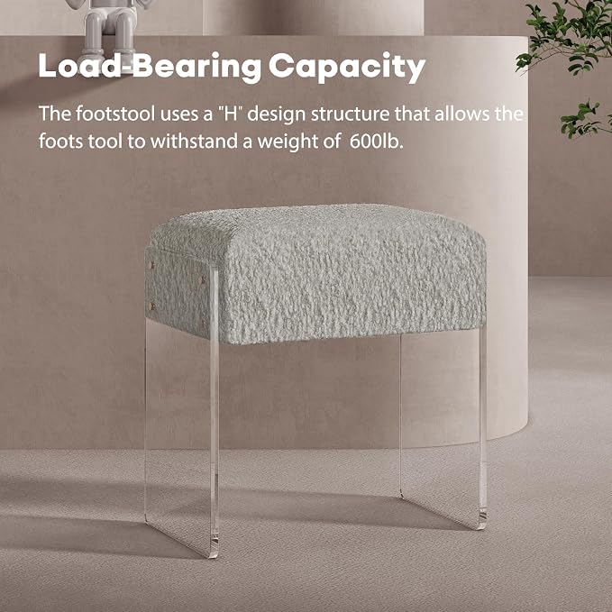 Soft Fluffy Stool, Modern Acrylic Footstool with Upholstered Seat, Fluffy Stool for Living Room Bedroom (Grey)