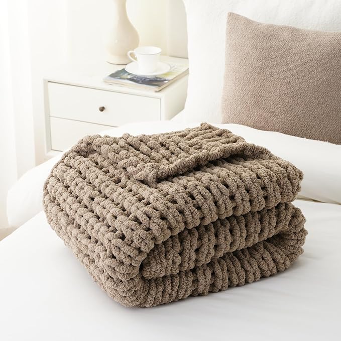 Battilo Beige Chunky Knit Throw Blanket, Soft and Thick Taupe Chenille Throw Blanket, 50"x60" Handmade Cable Knit Crochet Blanket, Cozy Knot Knitted Throw Blankets for Couch Home Decor, Taupe