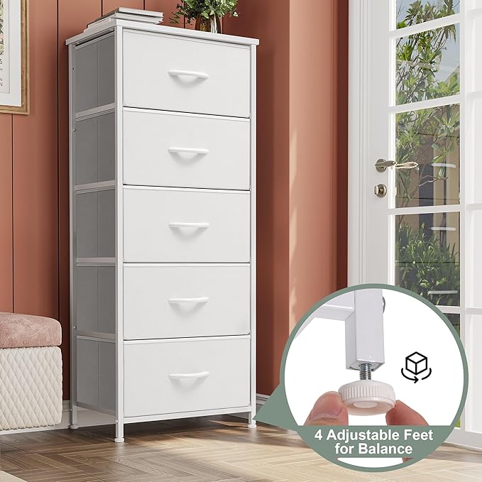 Crestlive Products Tall Dresser Vertical Storage Tower - Sturdy Steel Frame, Wood Top, Easy Pull Fabric Bins - Organizer Unit for Bedroom, Hallway, Entryway, Closets - 5 Drawers(White)