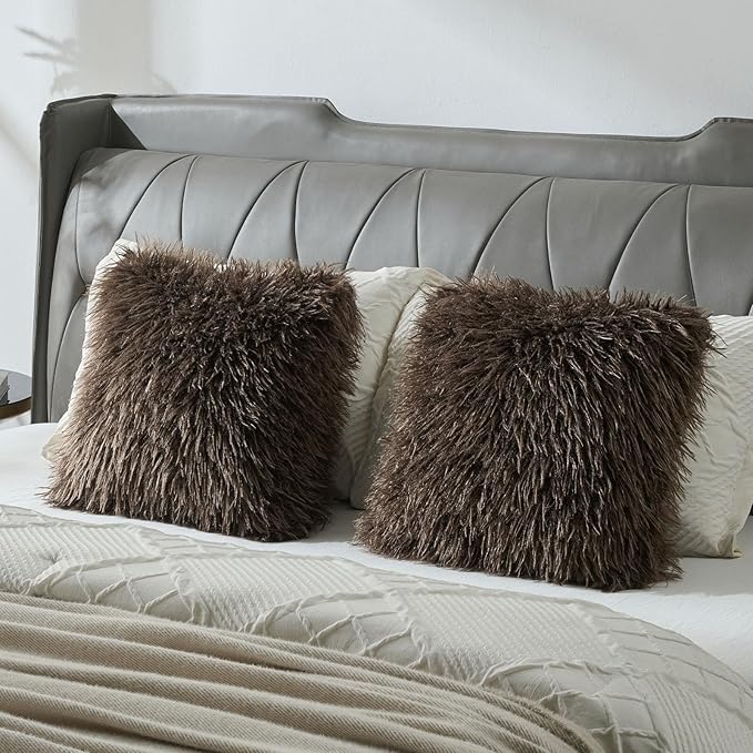 FUTEI Pack of 2 Shaggy Mongolian Faux Wool Throw Pillow Covers 18x18 Inch Soft Decorative Cushion Case for Couch Bed Living Room, Dark Coffee