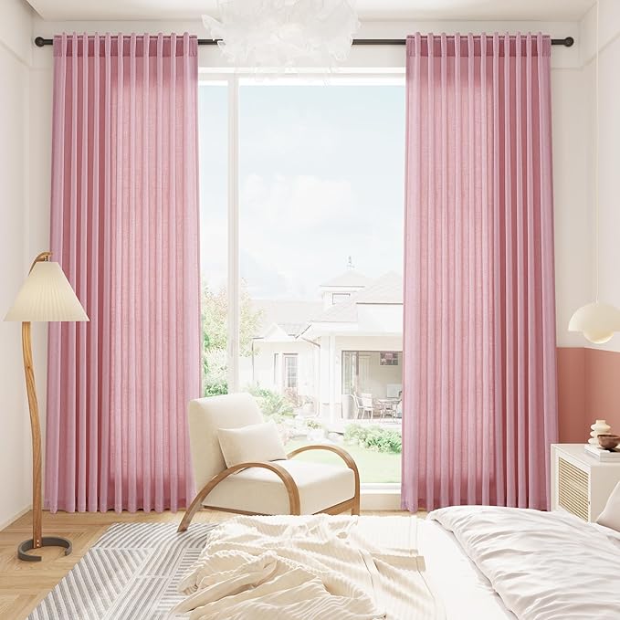 Nanspring Rose Linen Curtains 108 Inches Long 2 Panels Set with Back Tab Loop Pocket Light Filtering Semi Sheer Boho Decor Extra Long Drapes for High Ceiling Living Room 52x108