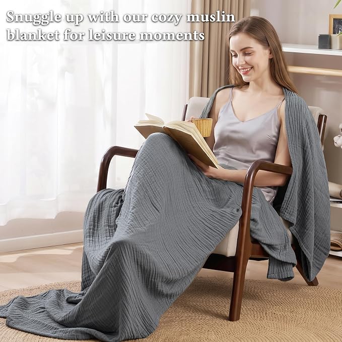 David's Home Soft Muslin Blanket Throw Size for Adults, 60% Rayon 40% Cotton, Breathable Lightweight Cooling Blanket for Hot Sleepers, 4-Layer Cozy Gauze for Bed, 50"x60", Grey