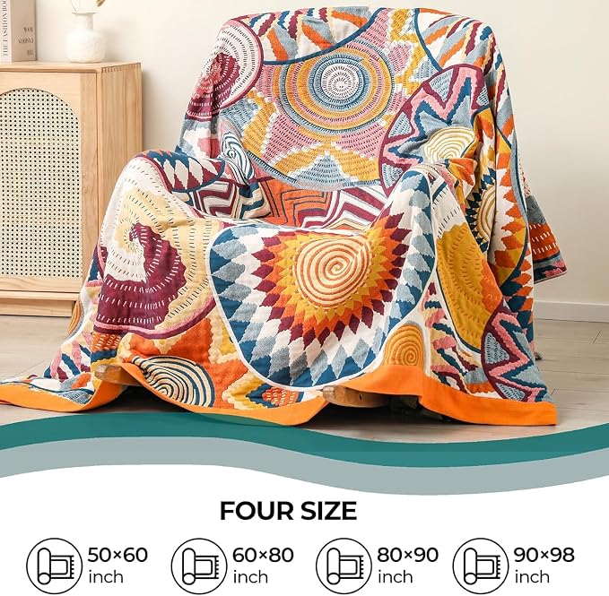 90"x108" Extra Large 4-Layer Gauze Summer Quilt for King Size Bed,100% Cotton Muslin Blankets for Adults,Reversible Boho Throw Blanket for Couch Bed Sofa Home Decor with Embroider Sun