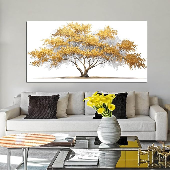 AOZEMI Tree Wall Art White Pictures Wall Decor Yellow Canvas Art for Living Room Bedroom Bathroom Office Large Modern Artwork 29"x 59"