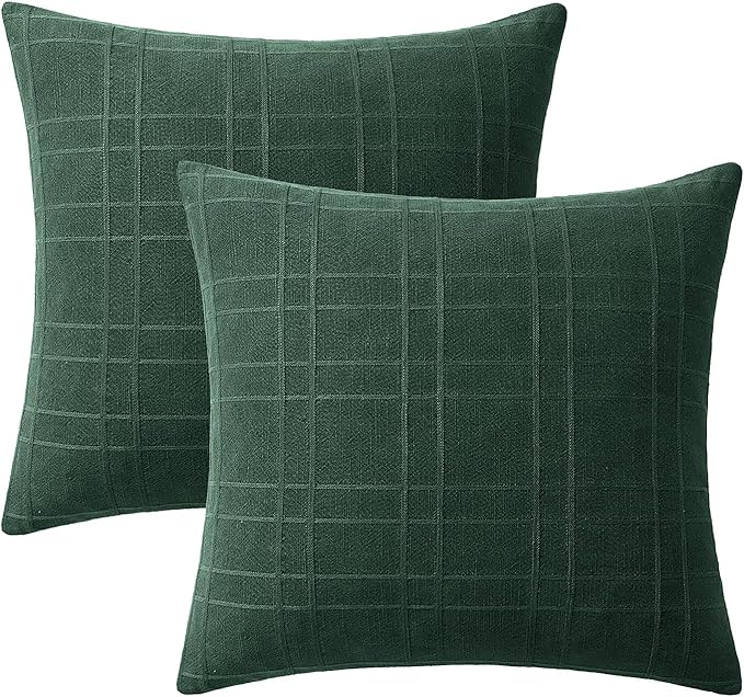 MIULEE Decorative Linen Check Throw Pillow Covers Neutral Farmhouse Vintage Spring Pillow Covers 18x18 Set of 2 Boho Modern Home Decor for Sofa Couch Bedroom Cushion Dark Green