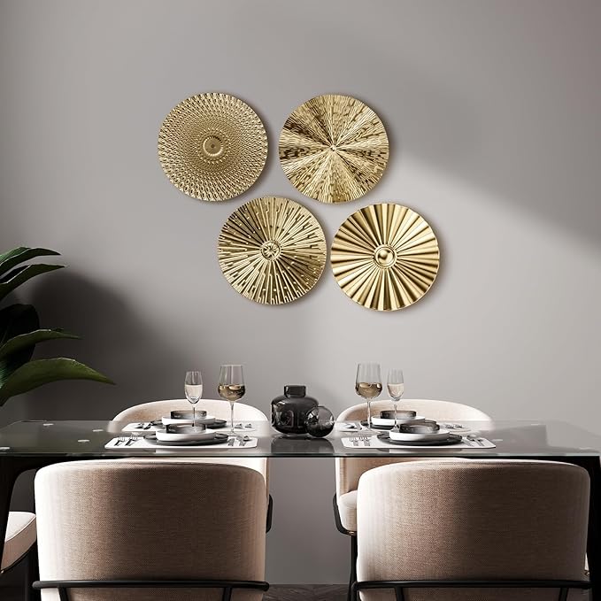 Hicarer 4 Pcs 12 Inch Metal Wall Art Decor Sunburst Hanging Metal Artwork Decor Wall Art Decorations for Home Living Room Office Gift for Christmas(Gold)