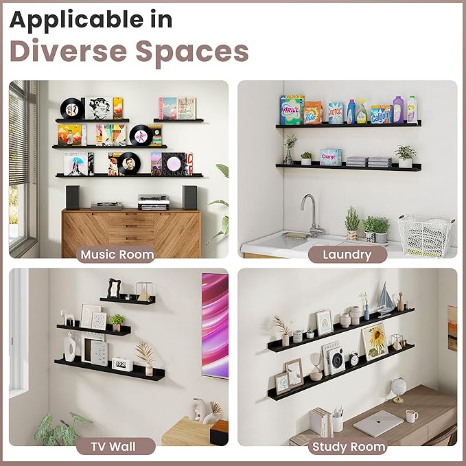 Acovy Long Floating Shelves for Wall, 48 inch Solid Wood Picture Ledge Shelf, Picture Shelf for Wall with Ledge, Floating Book Shelves for Living Room Bedroom Kitchen Nursery Decor, Black, Set of 2