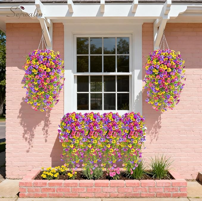 Serwalin Artificial Fake Hanging Flowers for Outdoors Planters,12PCS UV Resistant Faux Pansy Spring Flowers for Outside Porch Patio Garden Window Box (Mixed Colors)