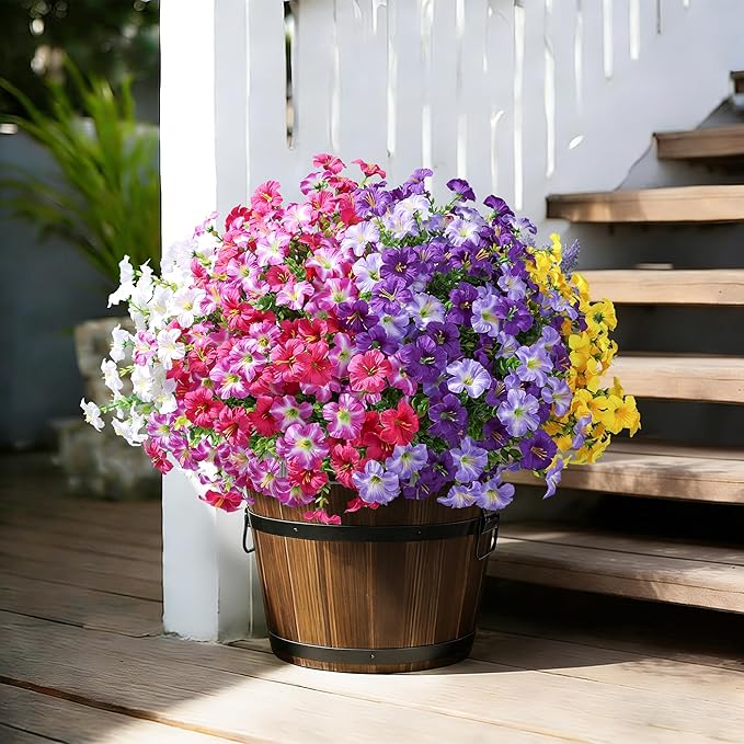 Artificial Flowers for Outdoors Fake Plants Outside Decoration, 20 Bundles Silk Petunia with Eucalyptus UV Resistant Realistic Faux Flowers for Outdoor Planters Garden Balcony Yard Porch Patio, Mix