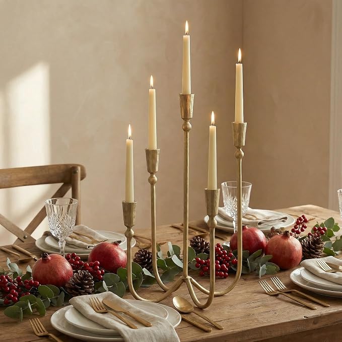 BANOMII Large Iron Candelabra Centerpieces for Tables, 17.7'' Tall Taper Candle Holders, Vintage Brass Gold Candlestick Holders, Antique Fireplace Mantel Decorations for Living Room, 5 Arms