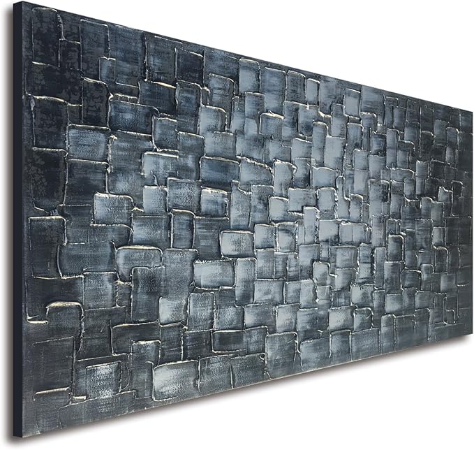 MyArton Textured Abstract Squares Canvas Wall Art Hand Painted Modern Silver Oil Painting Picture for Home Decoration Ready to Hang 40x20inch