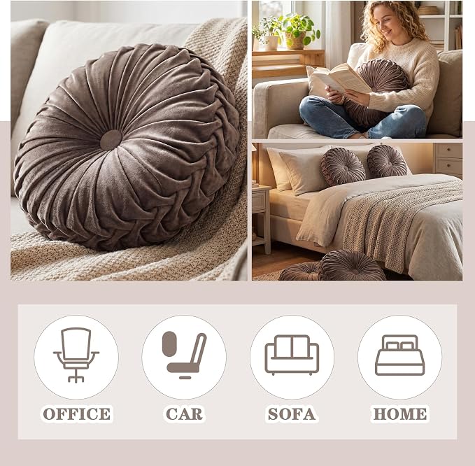 Drydiet 1 Pcs Round Throw Velvet Pillows Decorative Pleated Throw Pillows Diameter Accent Pumpkin Boho Chair Cushion for Couch Sofa Home Decoration (Taupe,15'')