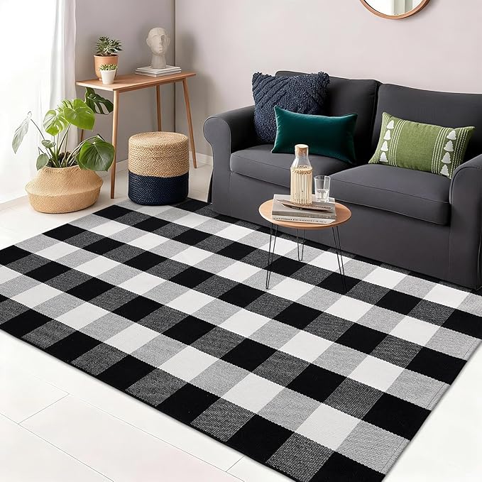 OLANLY Buffalo Plaid Rug 4' x 6' – Black and White Cotton Checkered Doormat, Washable Indoor Outdoor Rug for Layered Front Porch, Kitchen, Entryway Decor