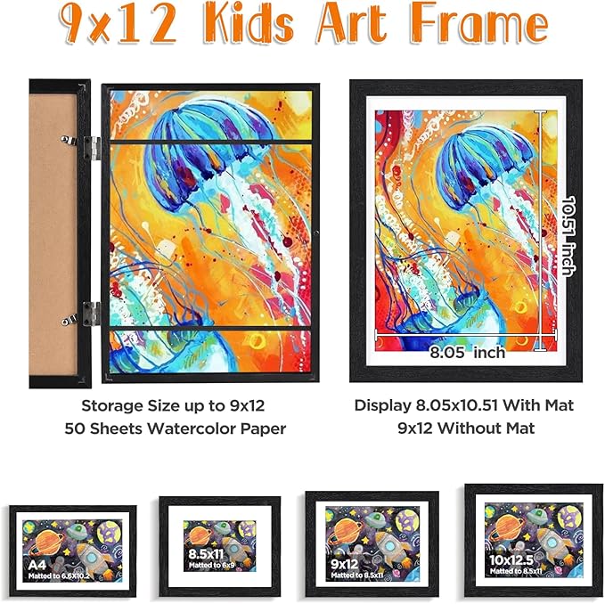 KINLINK 9x12 Kids Art Frame Set of 2, Solid Wood Kids Artwork Frames Changeable with Front Opening Hold 150 Pictures, Art Frames for Kids Art with Mat,without Mat 9x12 Picture Frame Black