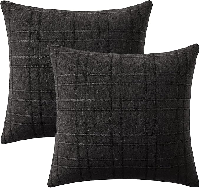 MIULEE Decorative Linen Check Euro Shams Throw Pillow Covers Neutral Farmhouse Vintage Pillow Covers 24x24 Set of 2 Boho Modern Home Decor for Sofa Couch Bedroom Cushion Black