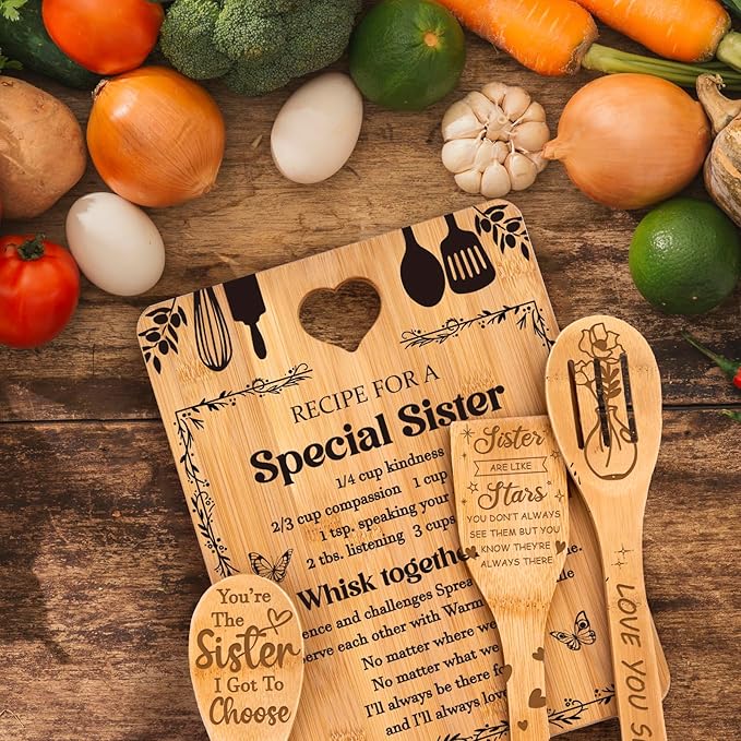 Sister Birthday Gifts - "Recipe for a Special Sister" Sister Gifts from Sister Cutting Board Set, Bamboo-Made Engraved Utensil Set Sister Gifts from Sister, Mothers Day Gifts for Sister