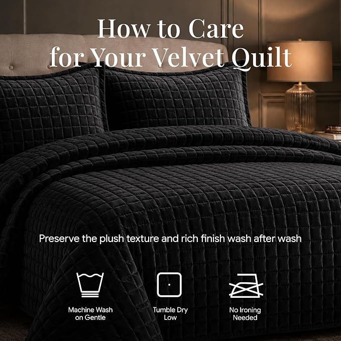 Tribeca Living Luxury Velvet Quilt Twin Size Set - 260GSM Ultra-Soft Oversized Velvet Bedspread Comforter Set with 1 Sham, in Florence Black