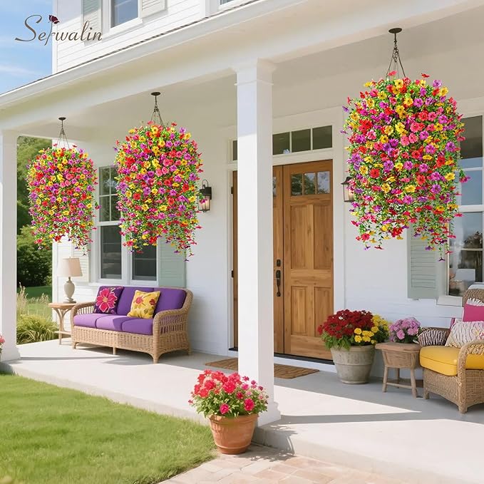 Serwalin Artificial Hanging Flowers for Outdoors, 4PCS UV Resistant Fake Hanging Plants with 101 Blooms, Realistic Weatherproof Outdoor Decor for Patio, Porch, Garden & Window (Summer Colors)