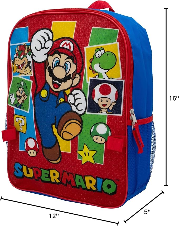 AI ACCESSORY INNOVATIONS Super Mario Brothers 2 Piece Backpack Set, Boys & Girls 16" School Bag, Blue