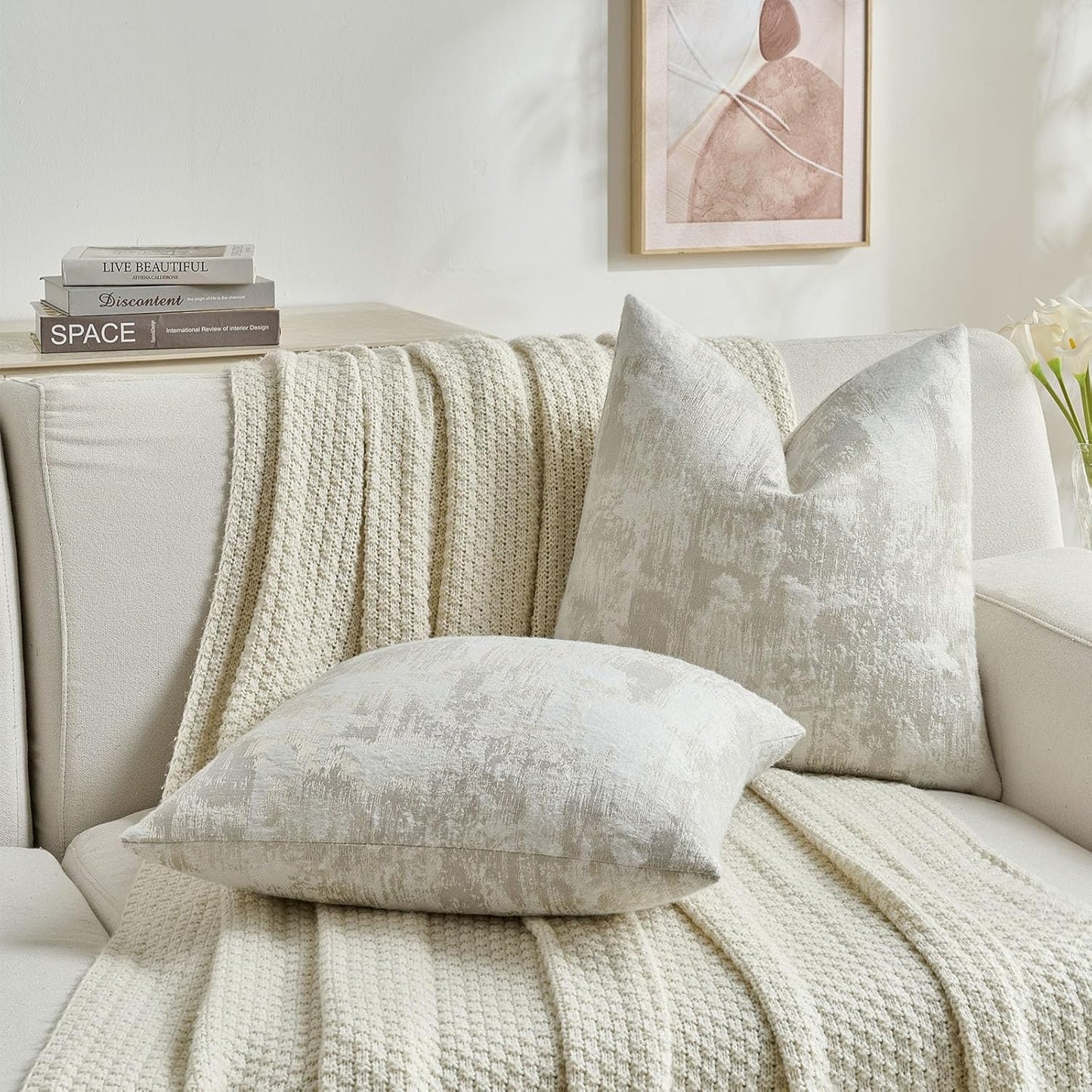FUTEI Beige White Decorative Throw Pillow Covers 18x18 Inch Set of 2,Soft Faux Cashmere Jacquard - Textured & Cozy Cushion Case,Modern Home Decor for Couch Bed Living Room