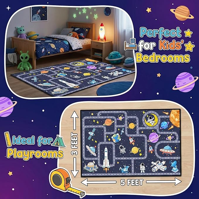 Space Rug for Boys Room 3x5 Feet, Solar System Kids Rugs for Bedroom, Non Slip Galaxy Play Mat, Educational Planet Carpet with Track for Playroom Nursery Classroom Decor