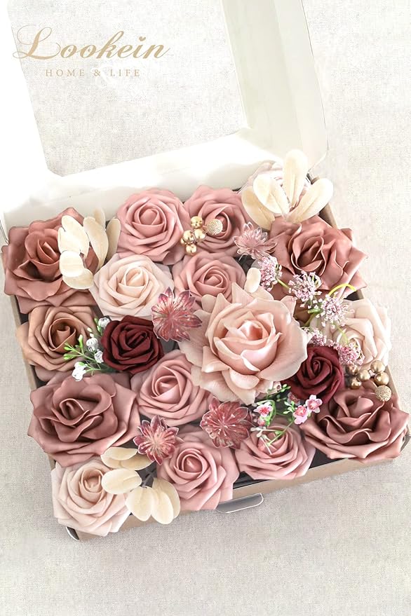 Lookein Artificial Flowers for DIY Wedding Decoration Bridal Bouquet Table Centerpieces Flower Wreaths Aisle Flowers Home Decor, Belle Dusty Rose