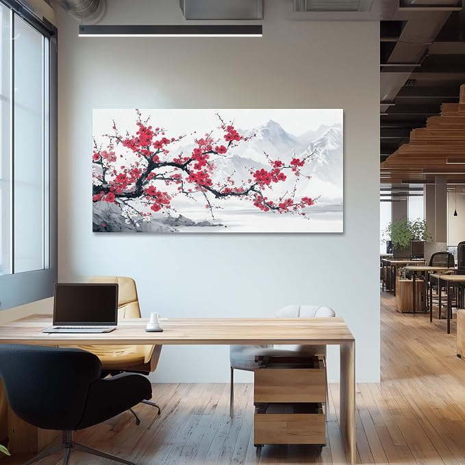Red Plum Blossom Tree Wall Art for Living Room Canvas Oil Painting Prints Beautiful Blooming Flower Floral Mountain Landscape Deco Nature Artwork Office Bedroom Family Dining Room Decor Extra Large