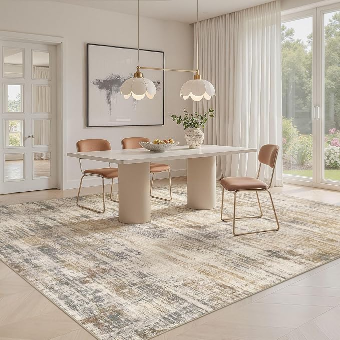 UERMEI 4x6 Washable Area Rug for Living Room: Modern Neutral Abstract Soft Low Pile Carpet Non-Slip Pet Kids Friendly Indoor Decor for Bedroom Dining Room Home Office Nursery Golden Brown