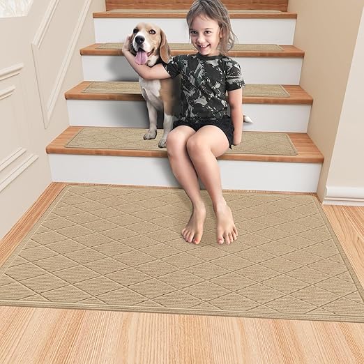 Stair Treads Non Slip Landing Rug for Wooden Steps Indoor, Peel and Stick Stair Treads Matching-Mat 20"X32" Landing Slip Resistant Stair Rugs for Kids and Dogs, Polyester Stair Landing Mat, Beige