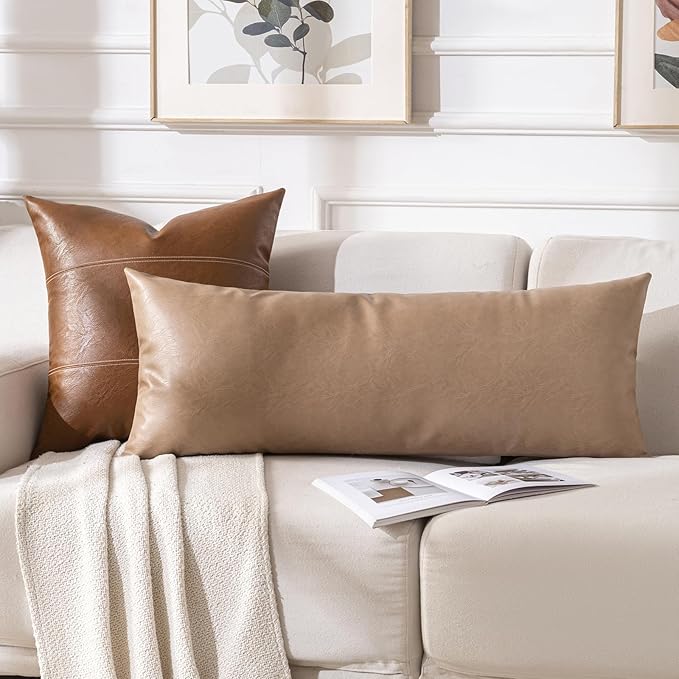 Fancy Homi Tan Boho Long Lumbar Faux Leather Body Decorative Throw Pillow Cover 12x40 Inch for Bedroom Couch Bed Sofa, Stylish Solid Rectangular Beige Pillowcase, Rustic Modern Farmhouse Room Decor