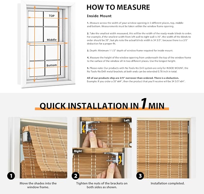 LazBlinds No Drill Bamboo Roman Shades, 30x64, Squirrel | Light Filtering Window Treatment, No Tools Cordless Roll Up Bamboo Blinds for Window