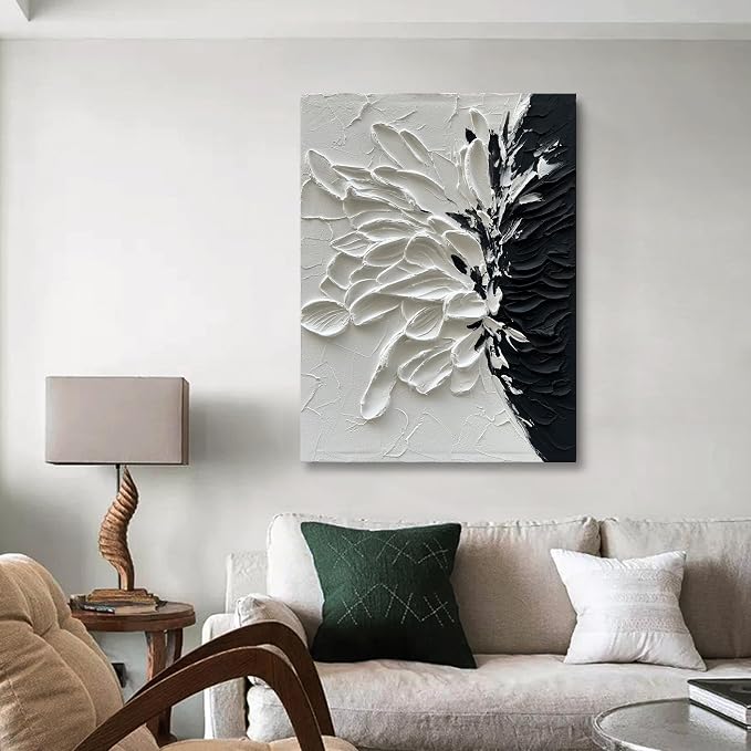 Hand-Painted White and Black Abstract Art 40x28 inches Modern Minimalist Home Office Wall Decorative Art