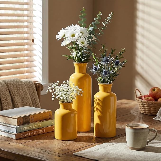 CwlwGO- Yellow Ceramic Vase Set,Modern Decorative Vases for Home Decor, Kitchen&Living Room Table Décor,Fireplace & Entrance centerpieces Decorations.