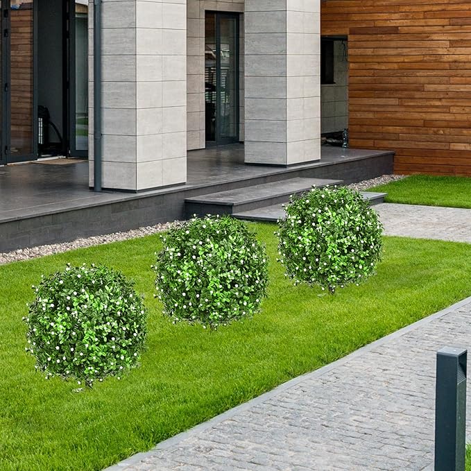 FAJUNZH Artificial Topiary Bushes for Outdoors with Spike, Boxwood Ball Fake Shrubs UV Resistant Faux Plants for Indoor Outdoor Fall Thanksgiving Halloween Decor (Gypsophila Boxwood White-2 Packs)